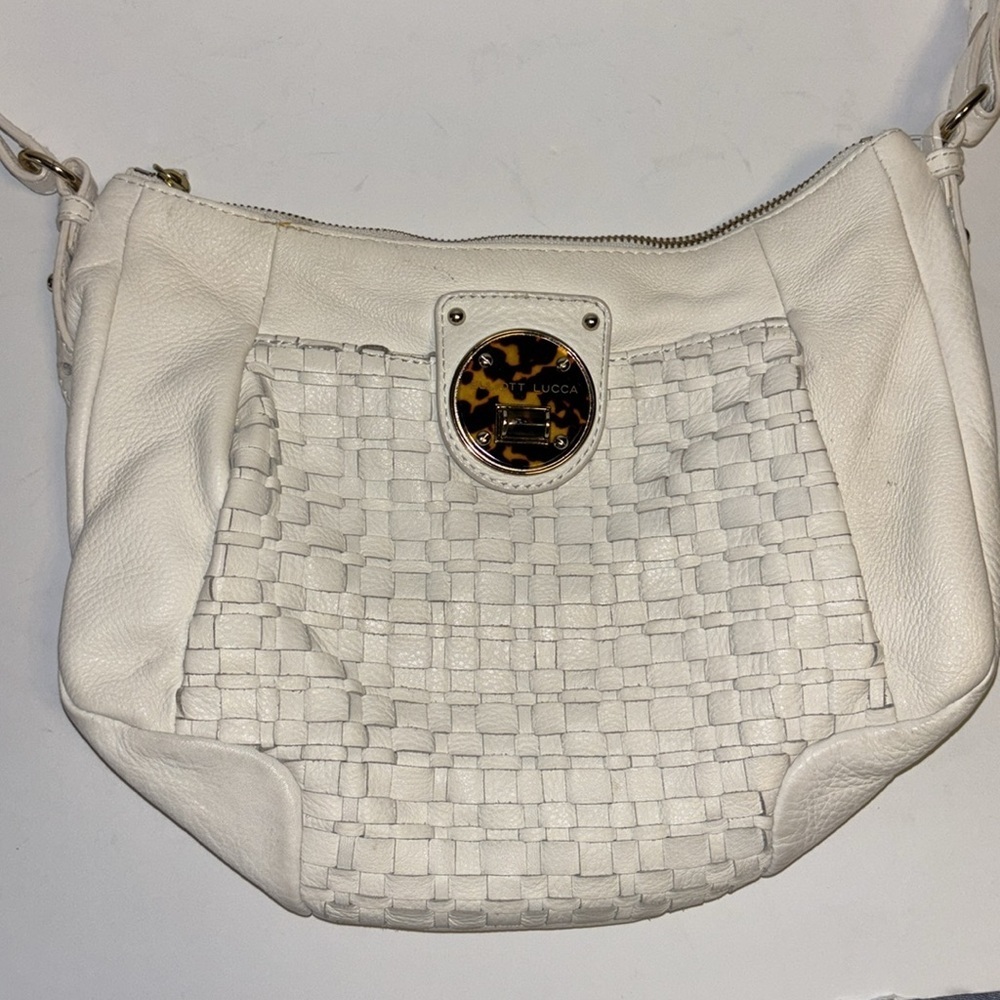Elliott Lucca Women's White Leather Shoulder Bag With Leopard Design Buckle